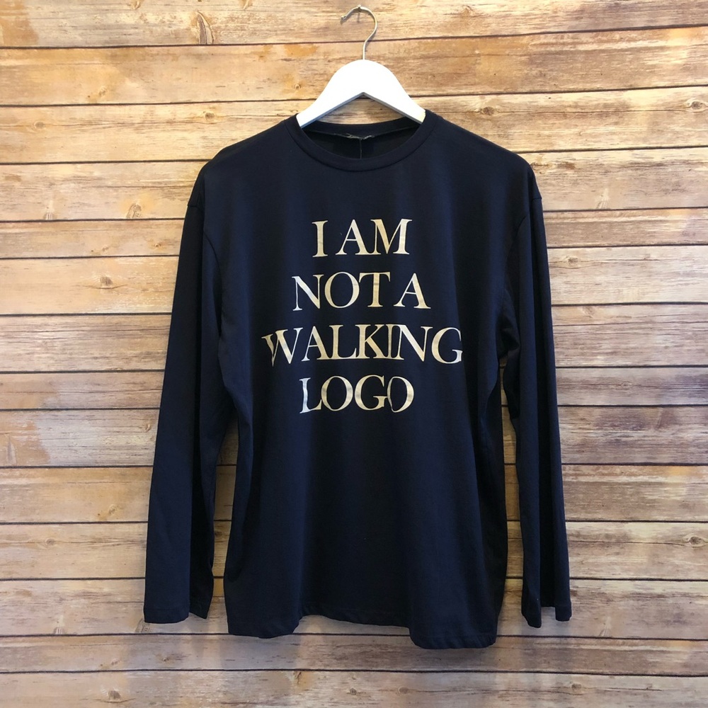 Zara Tee Women’s Size Small Blue Long Sleeve “I Am Not A Walking Logo” NWT